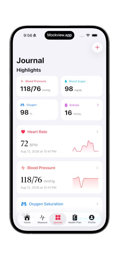 Cardivo journal with blood pressure, blood sugar, oxygen, and heart rate entries